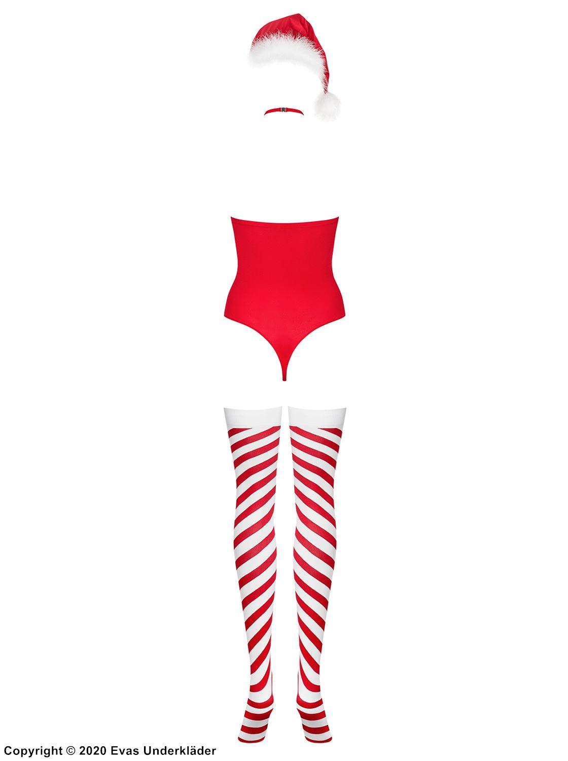 Kvinnelig julenisse, kostymeundertøysbody, halsbånd, rynker